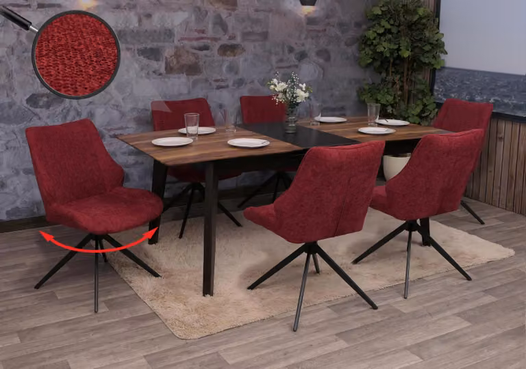Set di 6 sedie da pranzo modello HWC-O48, sedie da cucina, girevoli con sistema di ritorno automatico, rivestite in tessuto chenille (320g/m²), colore bordeaux