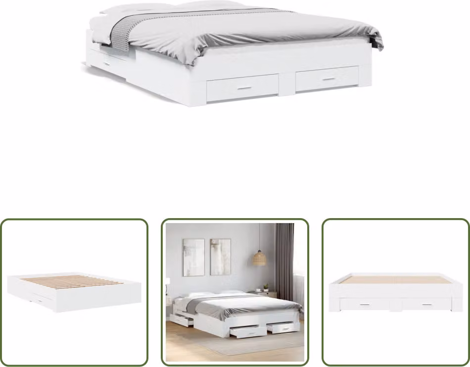 The Living Store Giroletto con cassetti bianco 160x200 cm in materiale ligneo