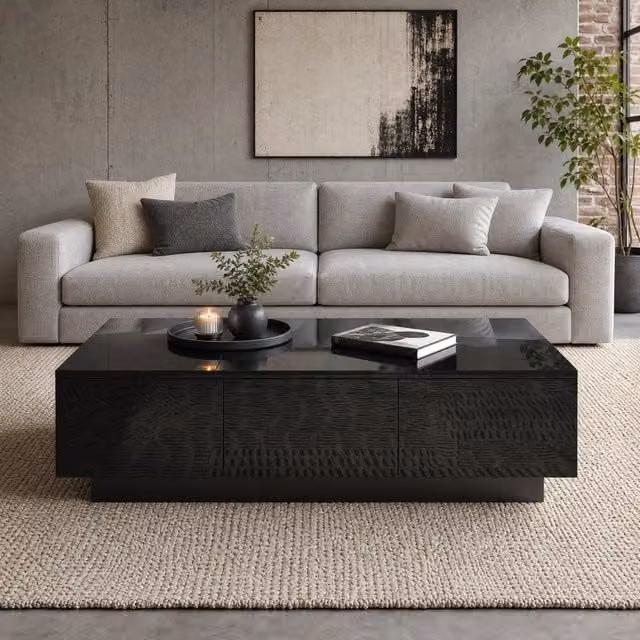 Tavolino basso fisso con piano scorrevole e 2 cassetti in truciolare nero parzialmente lucido 100 × 31 × 50 cm