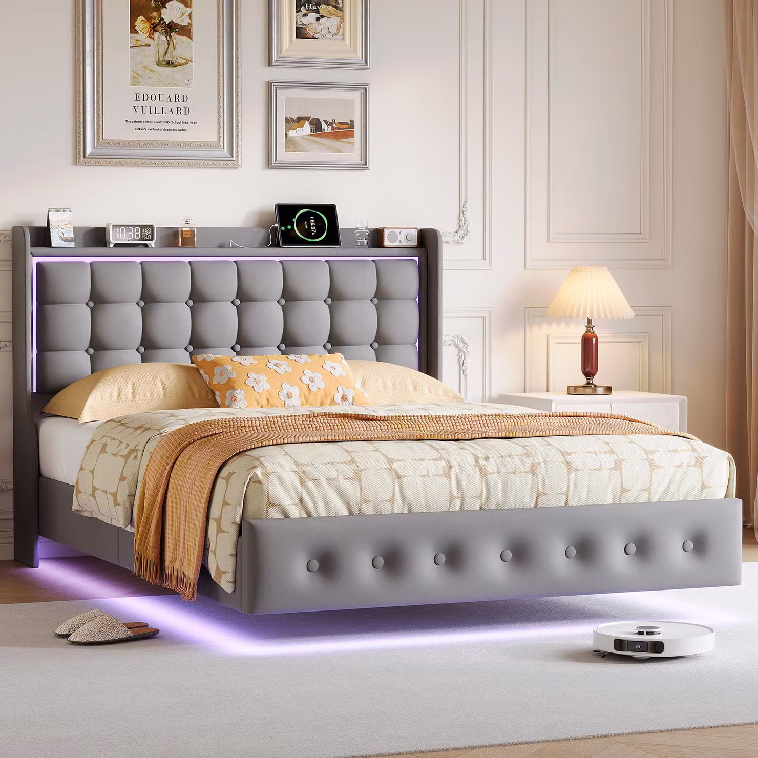 Letto matrimoniale ProximaX 160x200 cm in velluto grigio con illuminazione LED RGB, stazione di ricarica USB e testiera con bottoni