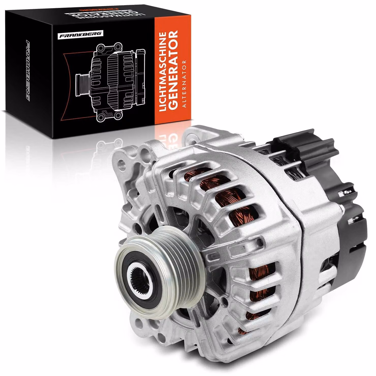 Alternatore 220 A - 12V, volano libero, 6 alette, dimensioni 27x22x19 cm, peso 7,38 kg