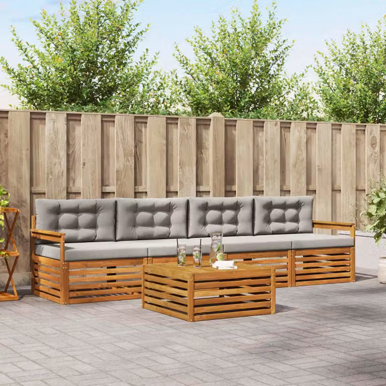 vidaXL Set di mobili da giardino moderno in legno di acacia con divano a 3 posti, tavolino da caffè e cuscini, Grigio e Marrone