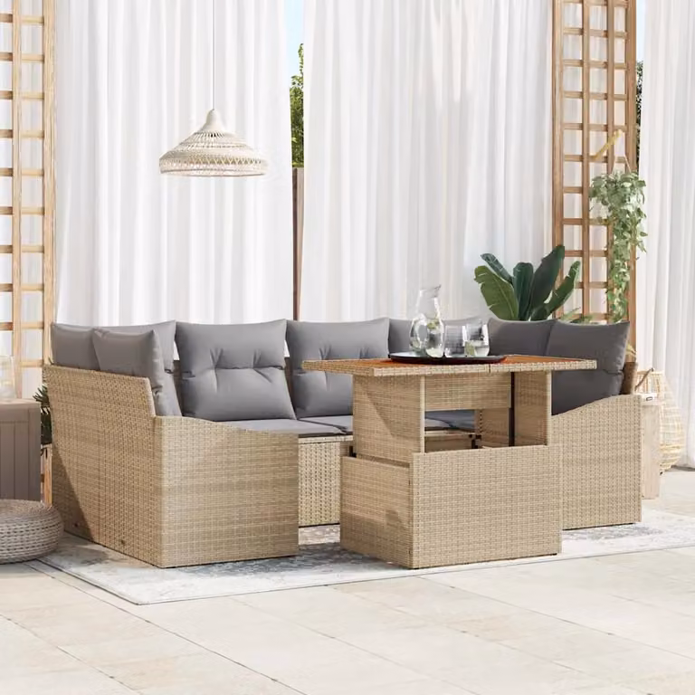 Set Divano da Giardino vidaXL 7 Pezzi Beige con Cuscini e Tavolino in Rattan e Metallo