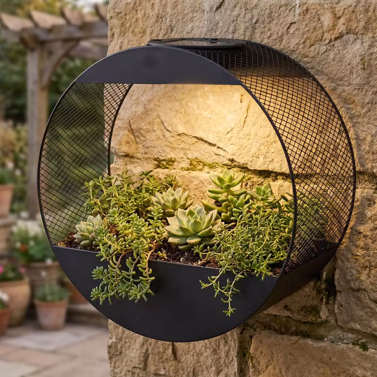 Lampada da parete solare Levandeo con vaso per fiori in metallo nero - Lampada da giardino a LED dal design industriale