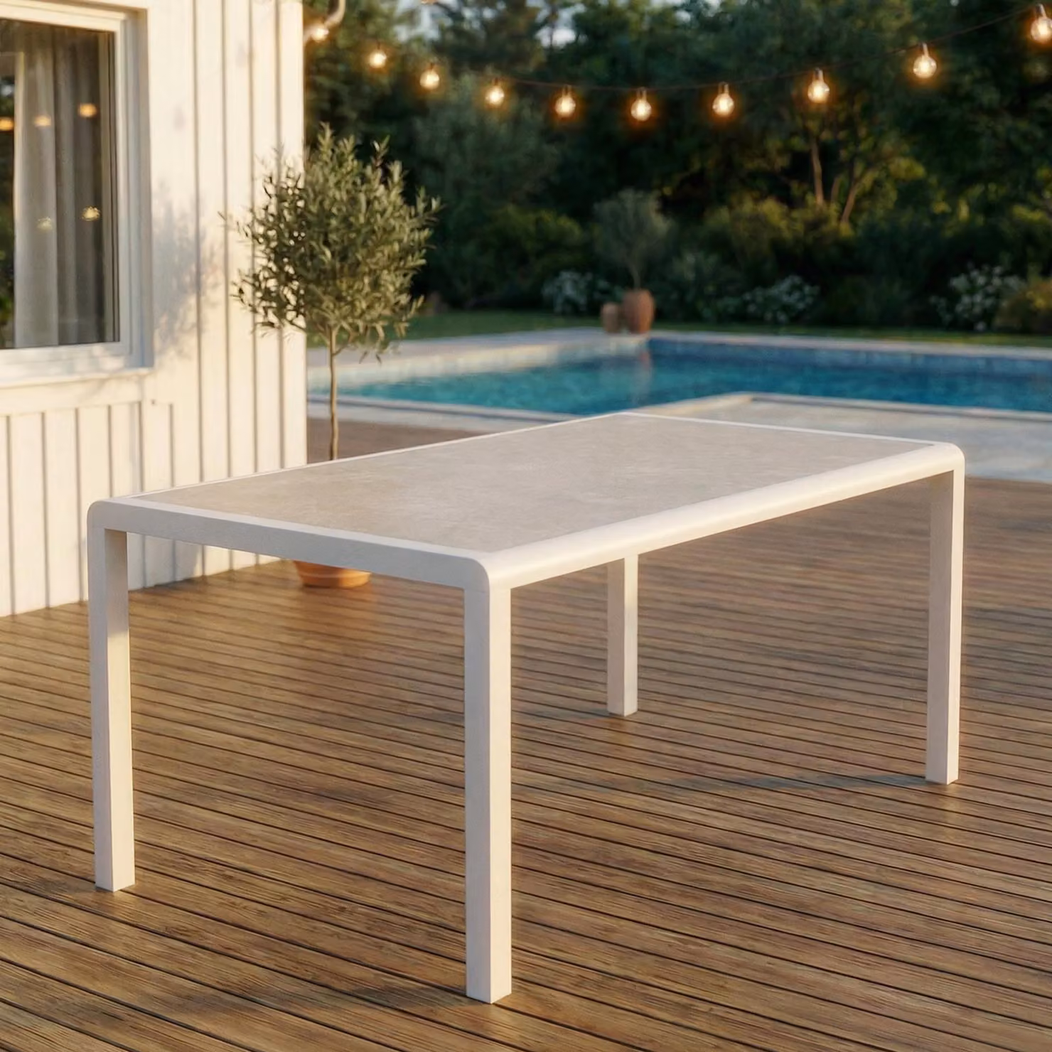 Tavolo da giardino TRAPANI, 160x90 cm, bianco - Tavolo da terrazzo con piano in vetro temperato effetto pietra, struttura in alluminio, facile da pulire e resistente agli agenti atmosferici, adatto per 6 persone