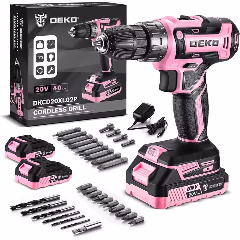 Set di avvitatori a batteria da 20V, 40Nm, con 2 batterie e 30 accessori, colore rosa