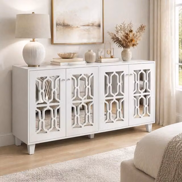 Credenza Mivray bianca con quattro ante, ripiano interno mobile e superficie a specchio, L 160 x P 40 x H 84 cm