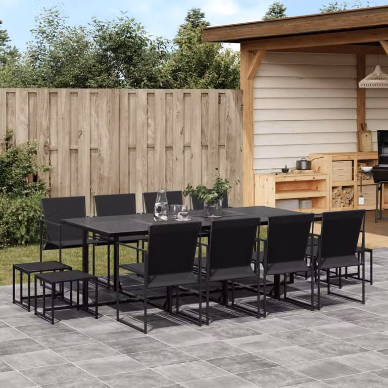 Set da pranzo da giardino vidaXL in 13 pezzi nero con tavolo in vetro e struttura in metallo e rattan