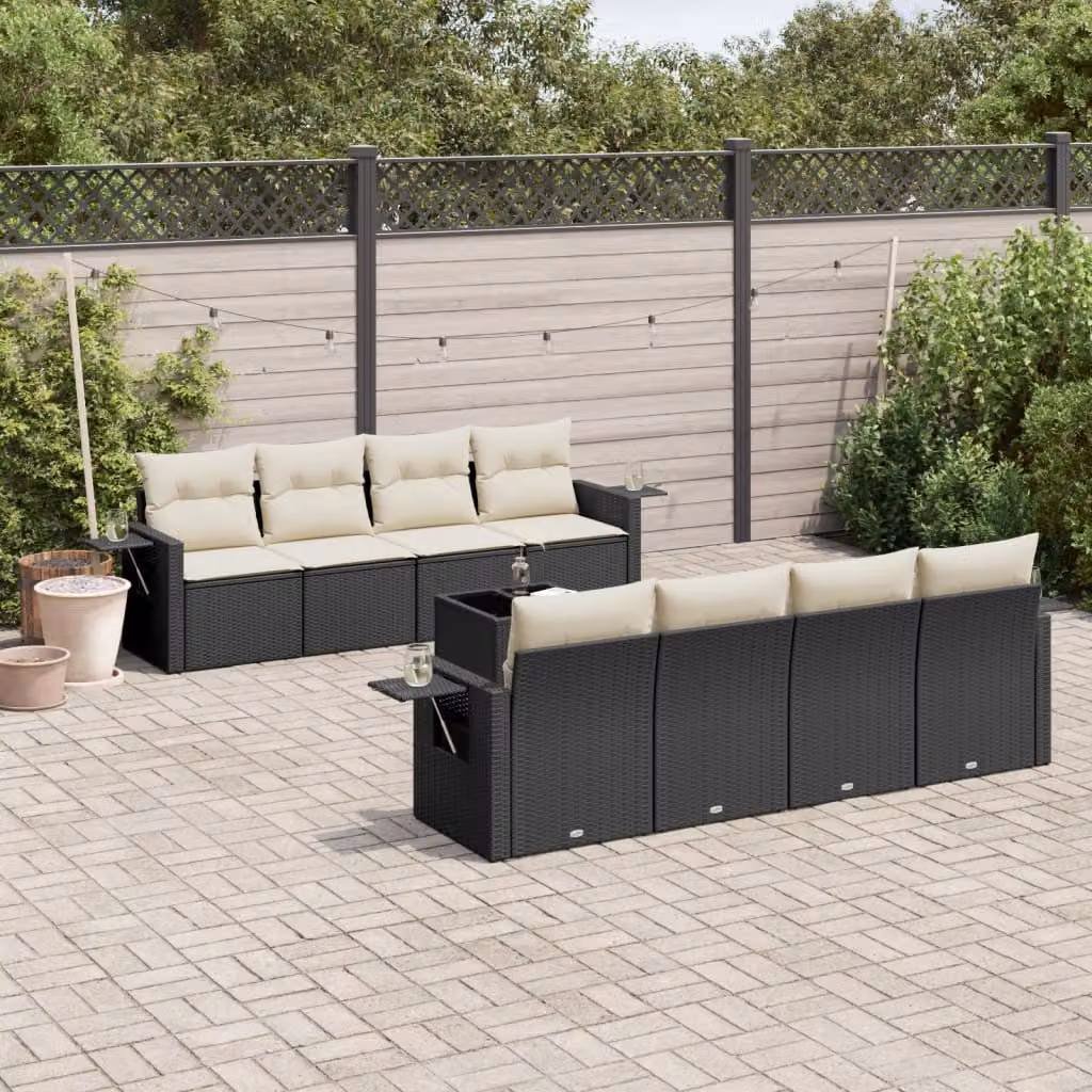 vidaXL Set Divani da Giardino 9 pz in Polyrattan Nero con Cuscini e Tavolino da Caffè – 1