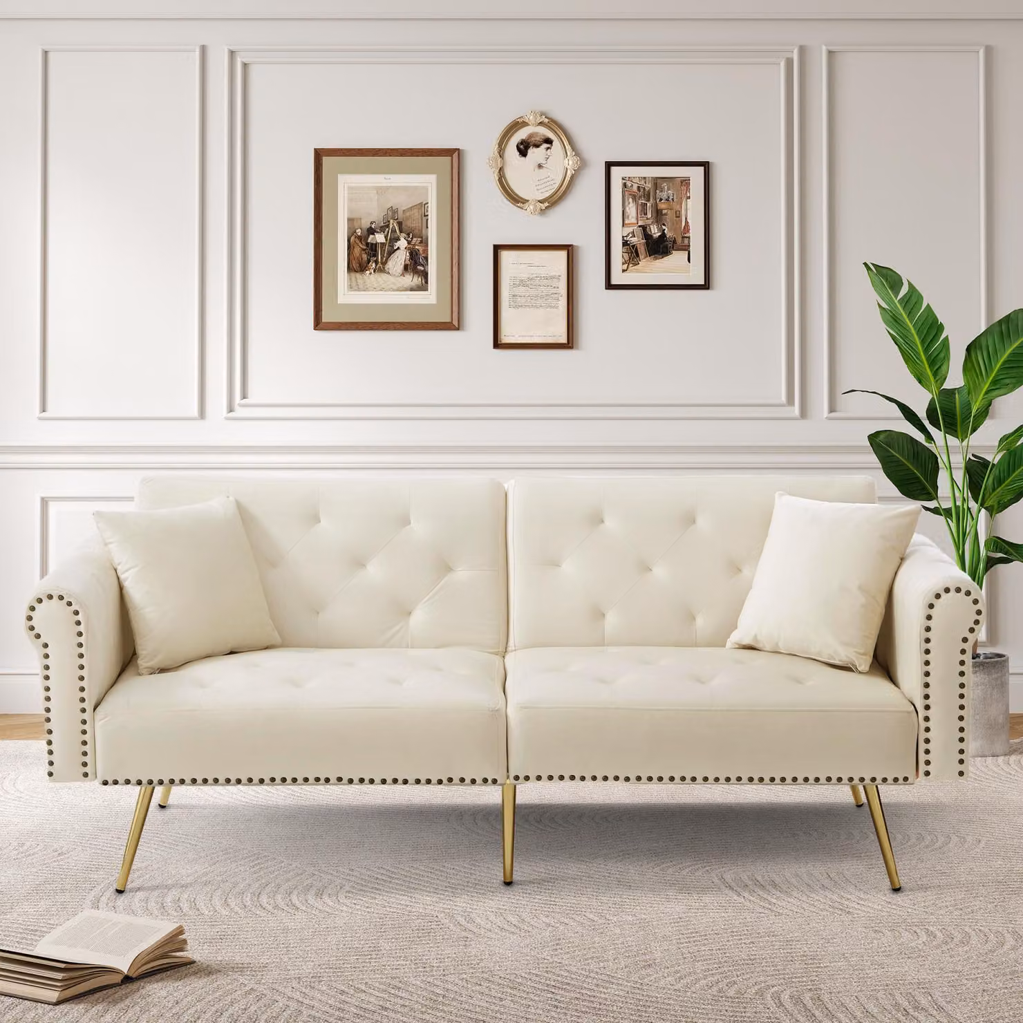 Fortuna Lai Divano letto moderno a 2 posti – rivestimento in velluto, schienale regolabile in 3 posizioni e piedini in metallo dorato Elegante divano con funzione letto – salvaspazio, resistente, ideale per spazi ridotti