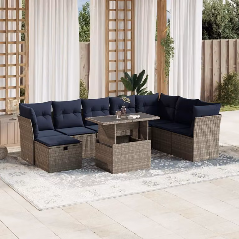 Maison Exclusive - Set di 9 pezzi per giardino con cuscini, grigio, polyrattan