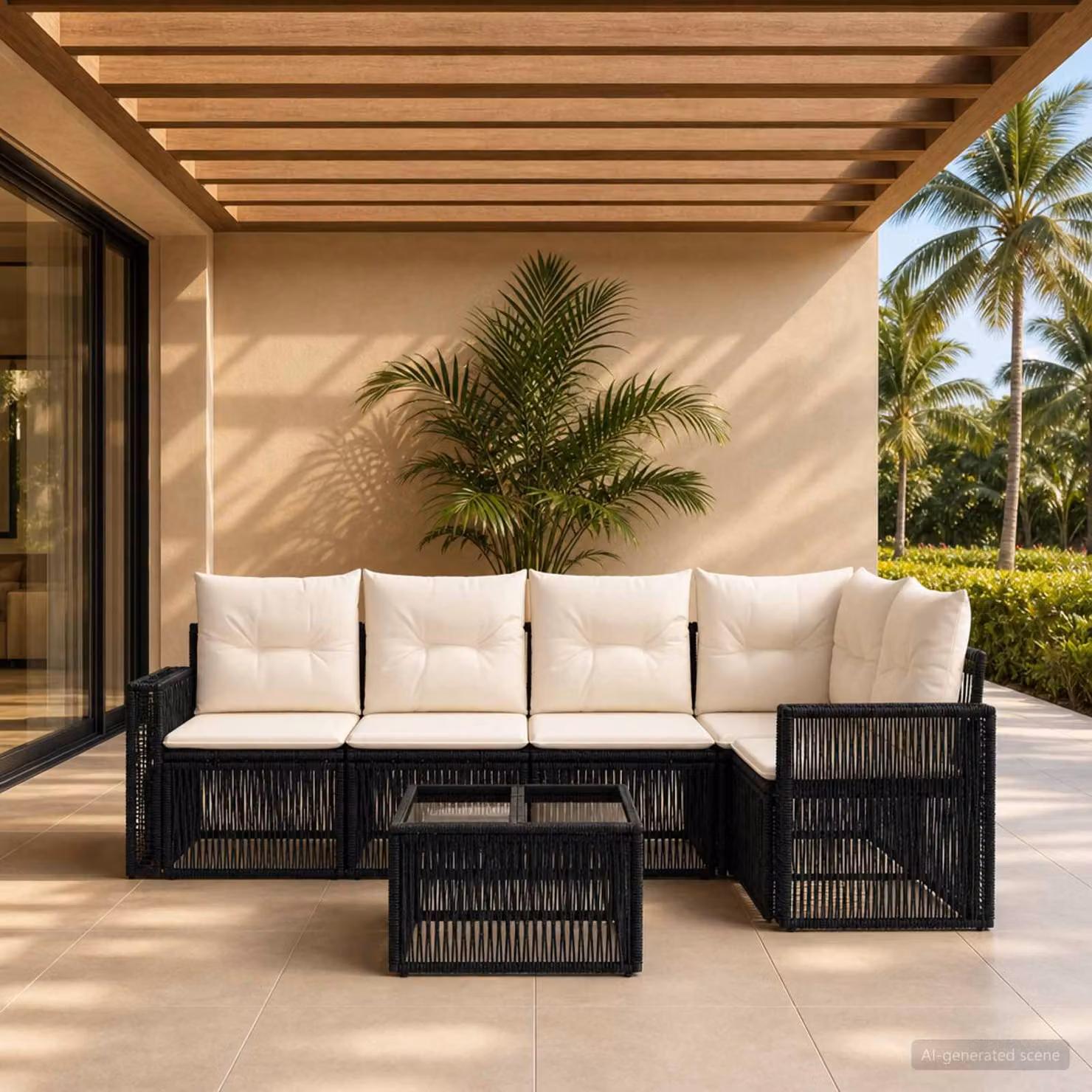 Set Divano da Giardino vidaXL 6 Pezzi a Forma di L con Tavolino, Colore Nero e Bianco Crema, Struttura in Metallo e Polyrattan con Cuscini Imbottiti