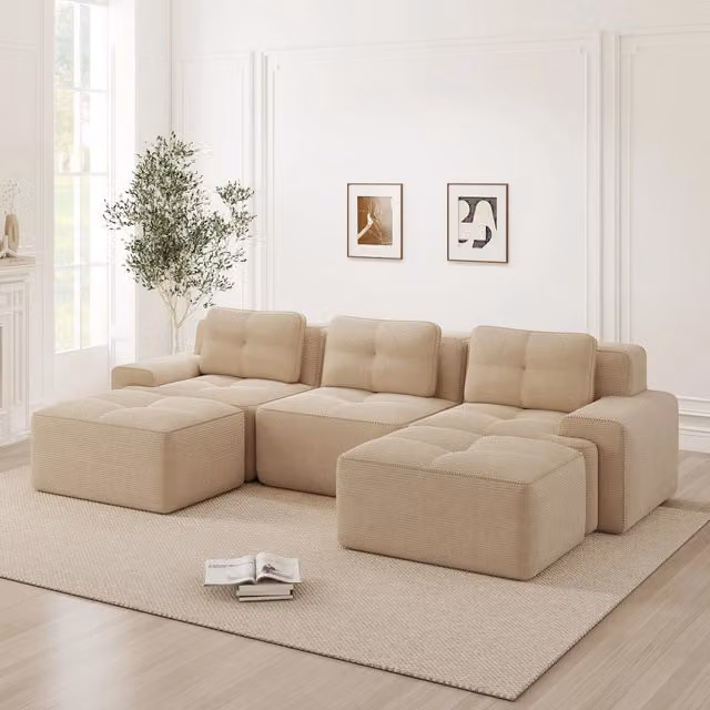 Divano Modulare Cloud MINIMAL in Velluto a Coste Beige con Poggiapiedi, 3 Posti, L: 177 cm, P: 69 cm, H: 63,5 cm