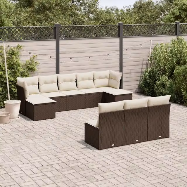 Set Divani da Giardino 10pz con Cuscini in Polyrattan Marrone 3250132