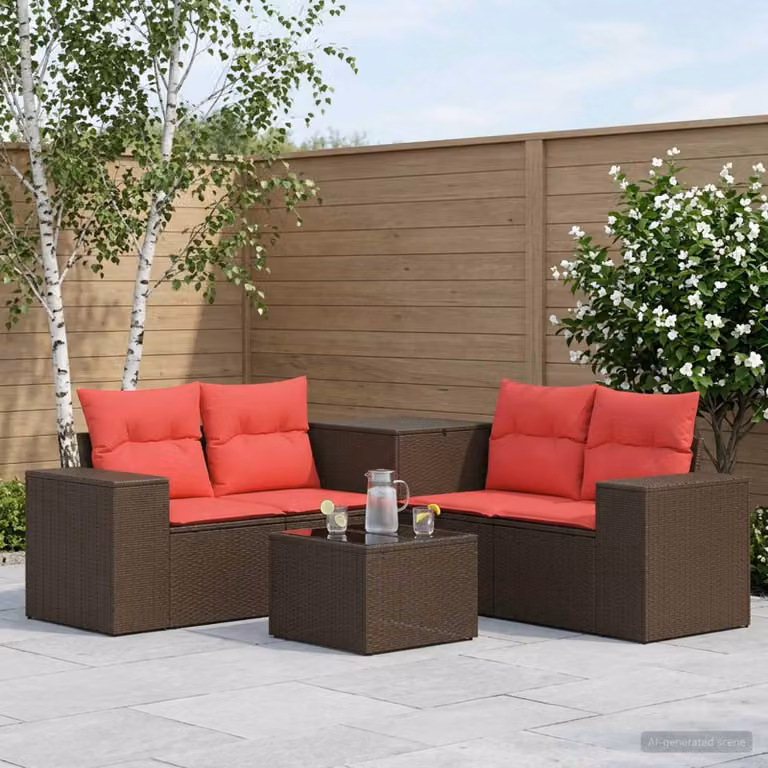 Set di divani da giardino vidaXL 6 pezzi in rattan e acciaio con cuscini marrone e rosso