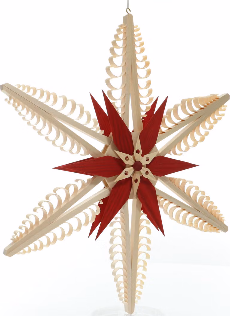 Decorazione per finestre a forma di stella spagnola, realizzata con elementi in legno di pino rosso. Dimensioni: 41x41x40 cm. Nuova