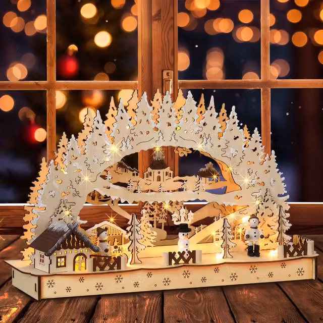 Arco natalizio Monzana in legno color marrone e multicolore con decorazione piccolo paese per tavolo – 1