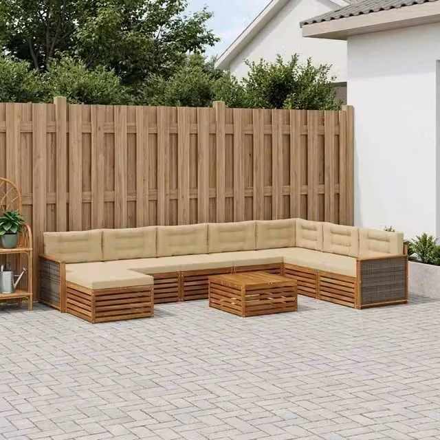 Set di divani da esterno a L vidaXL in legno di acacia con cuscini beige e marrone