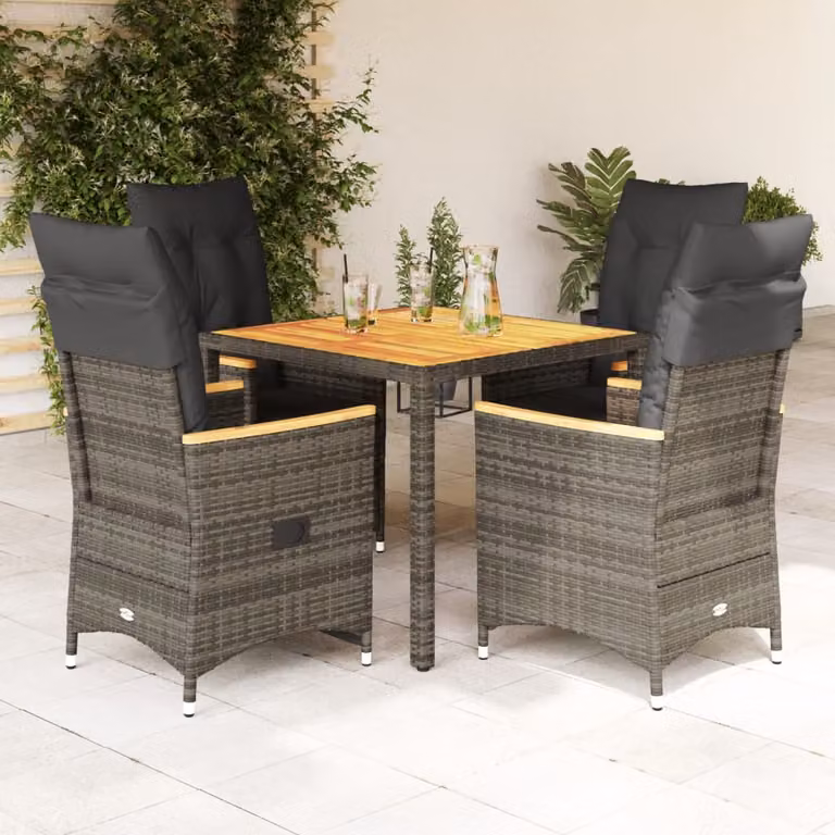Set da Pranzo da Giardino vidaXL in Polyrattan e Legno di Acacia Grigio con 5 Pezzi e Cuscini