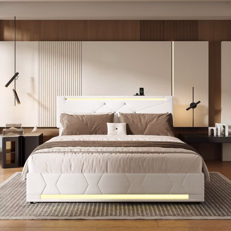 Letto imbottito Fortuna Lai letto matrimoniale 140×200 cm, letto contenitore idraulico con LED e funzione di ricarica USB, struttura letto funzionale con vano contenitore e rete a doghe, Lino, Beige