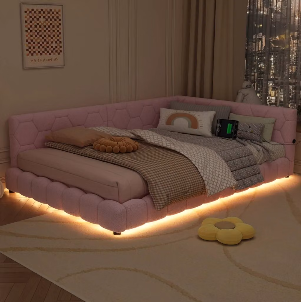 Daybed moderno in tessuto rosa con illuminazione LED sottostante e porte di ricarica USB/Type-C, L/P/H: 200 x 140 x 64,5 cm – 2