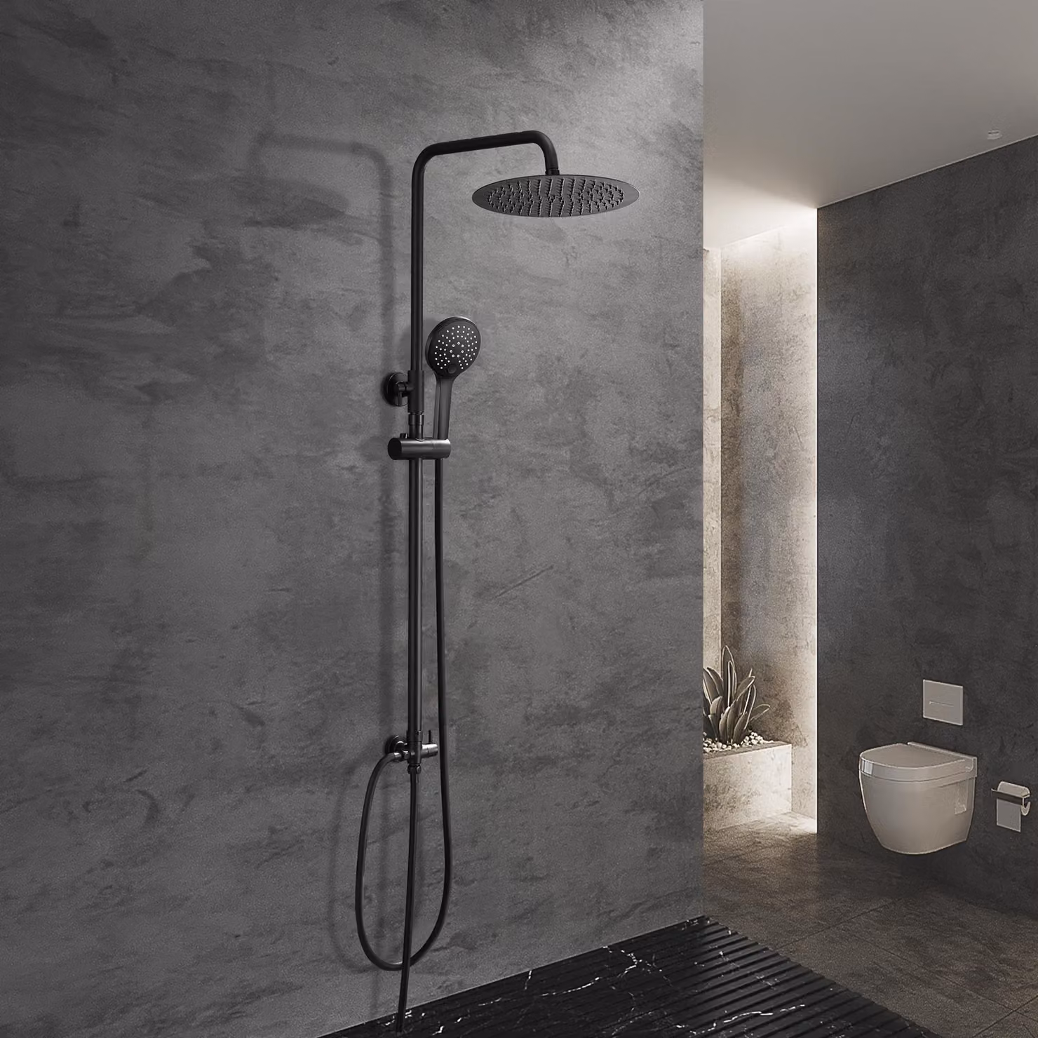 JOHO Sistema Doccia a Pioggia idromassaggio Colonna Doccia Nero Soffione Senza Miscelatore Set Doccia Completo Porta Ogetti Colonna Acciaio INOX D20cm