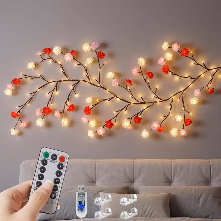 Catena luminosa a LED a forma di rosa, 1,8 metri, 48 LED, luce bianca calda, decorazione da parete, con telecomando