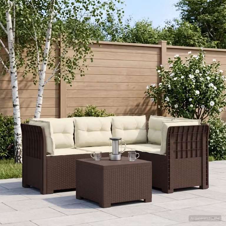 Set da giardino moderno vidaXL composto da divano angolare a L, elemento d'angolo e tavolino da caffè in polyrattan con cuscini beige e marroni resistenti alle intemperie