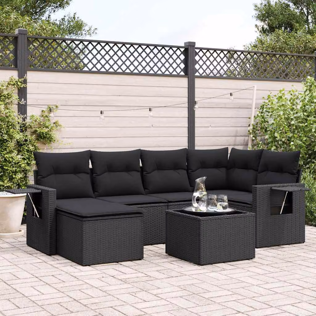 vidaXL Set Divani da Giardino a L con 7 Pezzi in Polyrattan Nero e Cuscini Imbottiti – 1