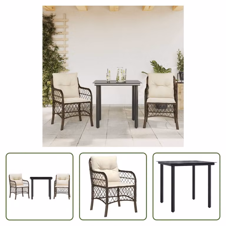 The Living Store Set bistrot 3 pezzi con cuscini in poly rattan marrone