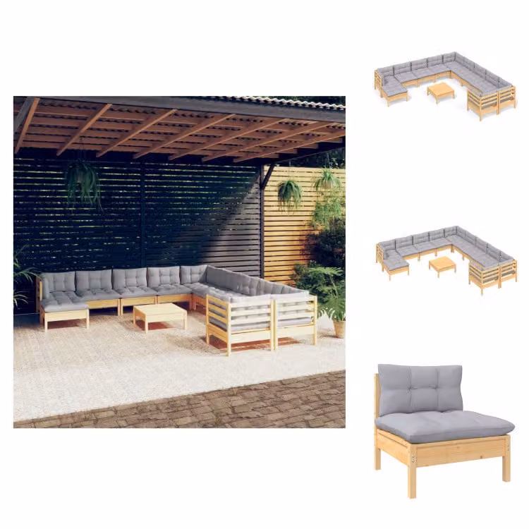 vidaXL Set di 12 pezzi da giardino con cuscini grigi in legno di pino - Set di mobili da giardino