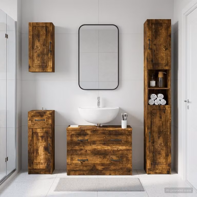 Set di mobili da bagno moderno vidaXL UTRECHT in legno Rovere Fumo marrone composto da 4 pezzi con base lavabo e pensili