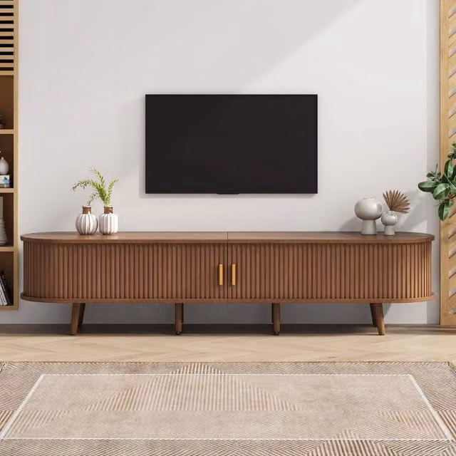 Mobile TV Minimal per soggiorno in legno MDF color noce con 2 cassetti, adatto per TV fino a 75 pollici, L 175 cm x P 40 cm x H 42 cm