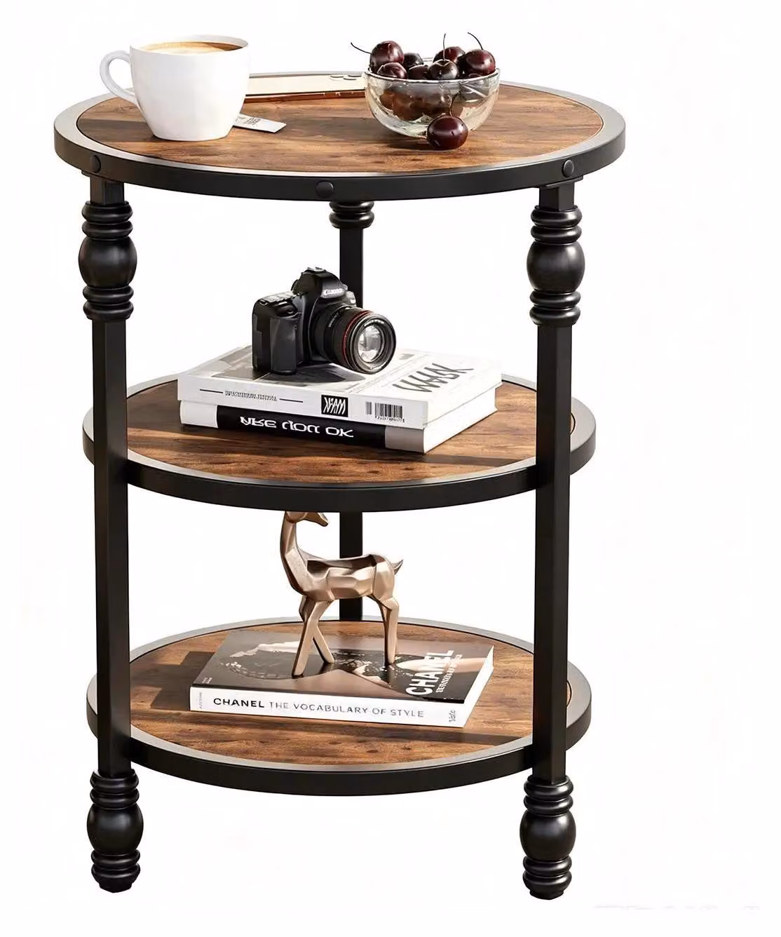 Tavolino rotondo – Tavolino da divano/comodino a 3 ripiani – Struttura in metallo – Ripiani portaoggetti – Design industriale – Aspetto legno, color marrone rustico