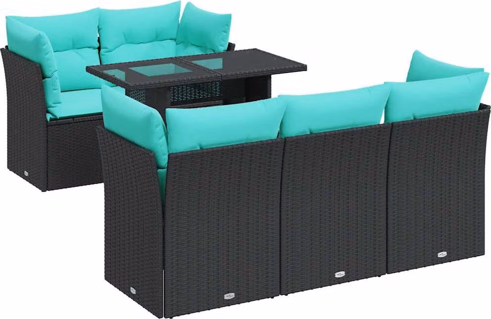 Set Divano da Giardino 6 pz con Cuscini Nero Polyrattan Acacia