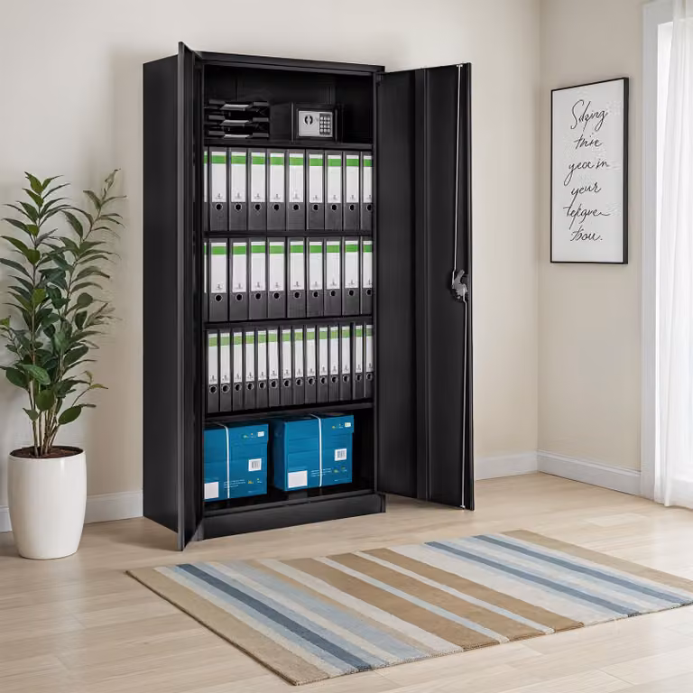 Armadio portadocumenti Tectake in metallo nero con ante a battente e serratura, L/P/H: 90 x 40 x 180 cm