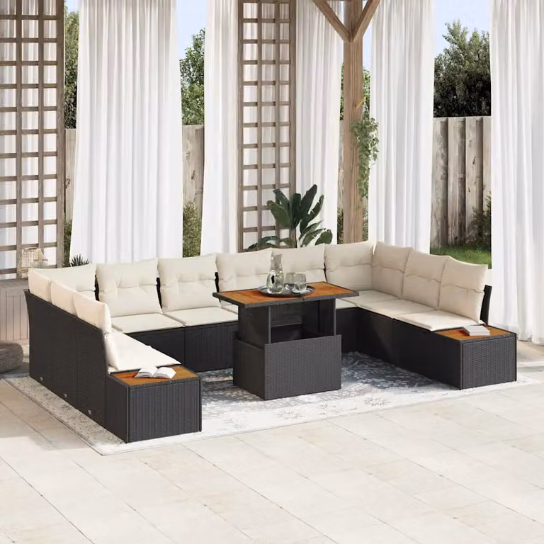 Set da pranzo da giardino vidaXL in rattan e legno di acacia, 11 pezzi, Nero e Beige