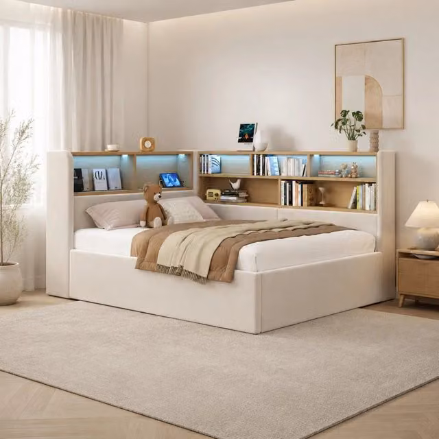 Letto singolo con contenitore idraulico; LED; USB e USB-C in velluto beige