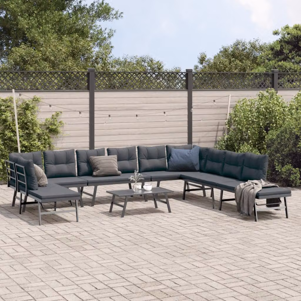 Set di Panche da Giardino vidaXL con 6 Cuscini in Tessuto, Acciaio Verniciato Antracite, L/P/H: 173 x 118 x 76 cm – 1