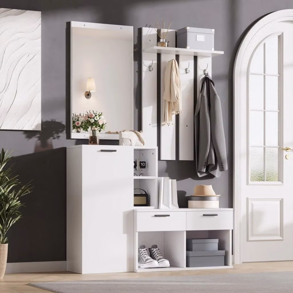 Set di mobili da ingresso Mivray moderno in MDF bianco con specchio, scarpiera e ante con cassetti L: 120 cm, P: 35 cm, H: 175.5 cm – 2