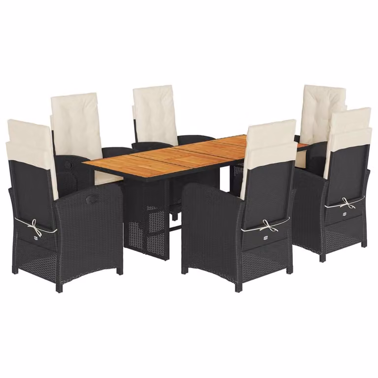 Set da Pranzo da Giardino 7 pz Nero con Cuscini in Polyrattan