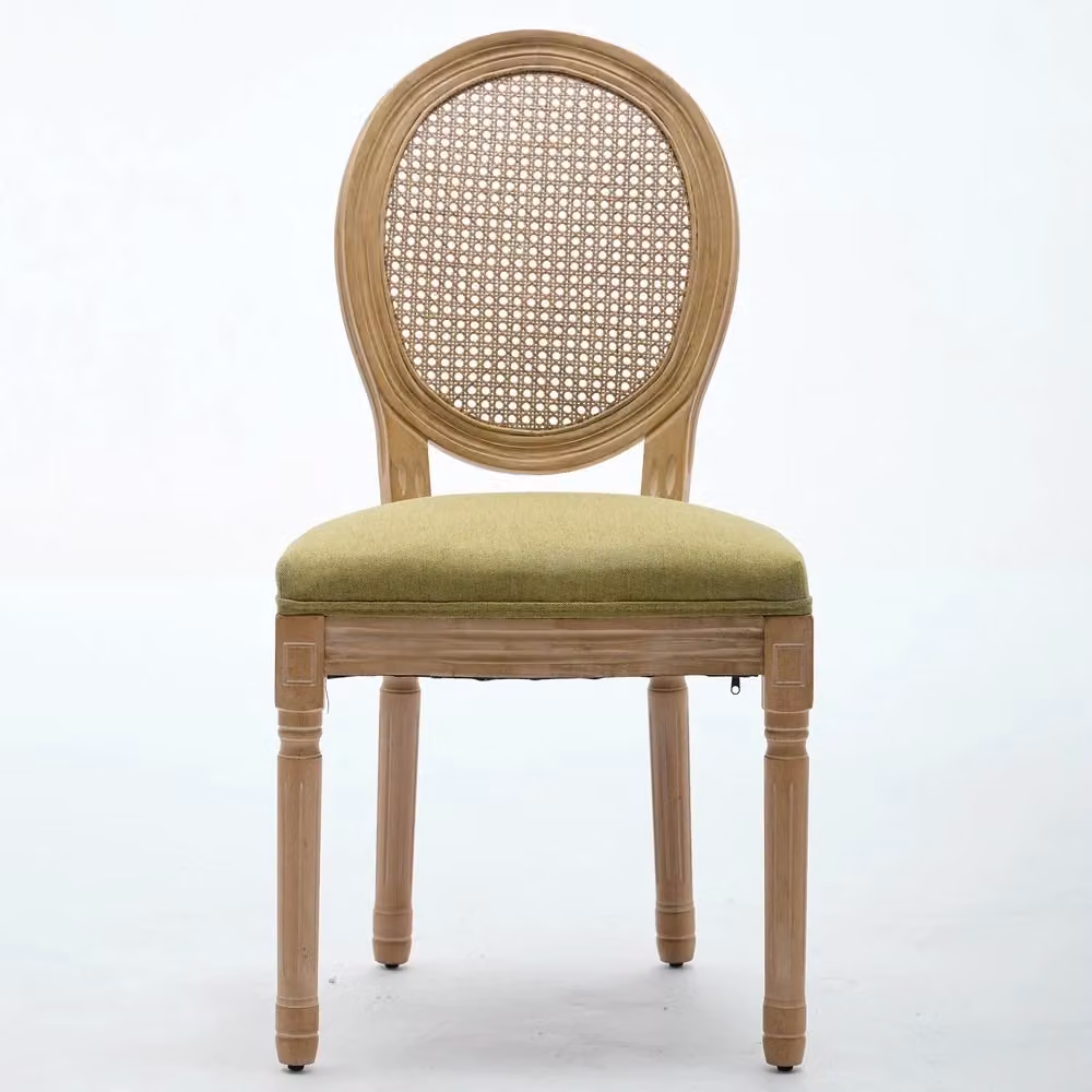 Set di 2 sedie da pranzo Minimal con struttura in legno massello, schienale in rattan e rivestimento in tessuto verde oliva – 2