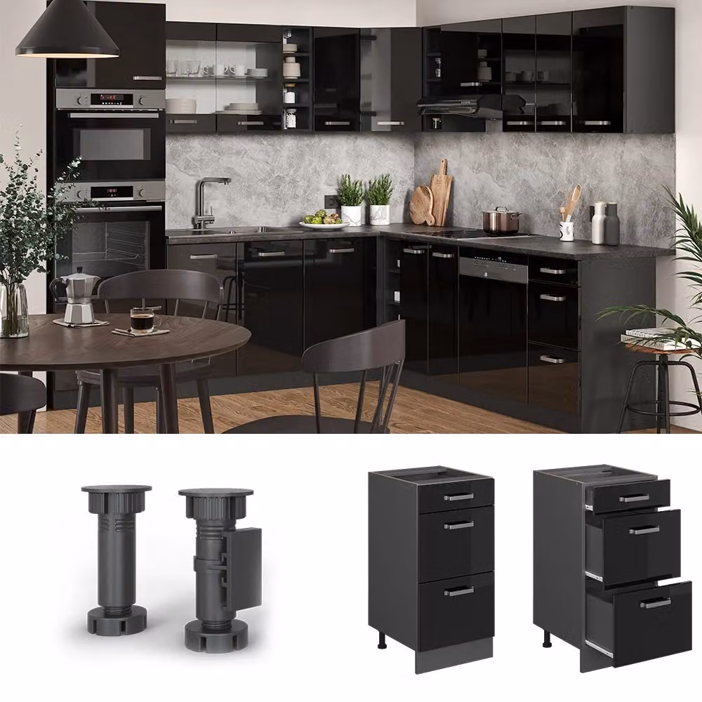 Mobiletto base per cucina Vicco R-Line Nero lucido/Antracite con cassetti, L: 40 cm – 2