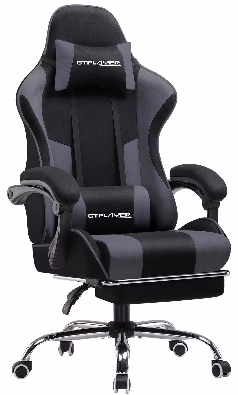 Sedia da gaming - Sedia da ufficio - Design ergonomico - Regolabile in altezza - Poggiapiedi e poggiatesta - Rivestimento in tessuto - Girevole a 360° - Portante fino a 150 kg - Grigio-nero