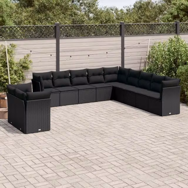 Set di divani da giardino VIDAXL in polyrattan nero con 11 pezzi e cuscini inclusi