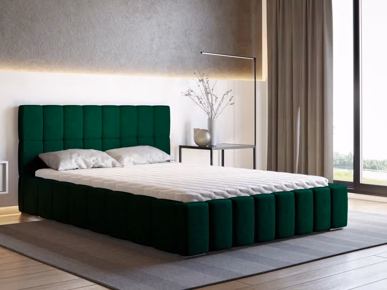Letto imbottito ALMA con materasso in schiuma SELEKT, 200 x 200 cm, letto matrimoniale con contenitore e rete a doghe in legno, tessuto in velluto: verde