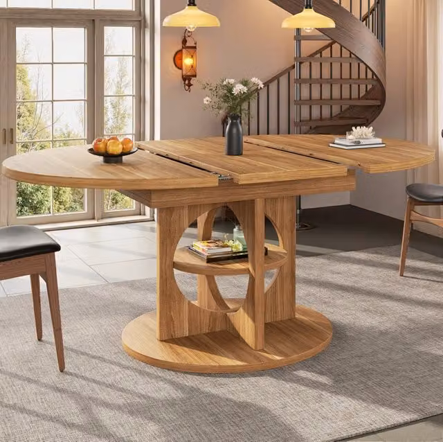 Tavolo da pranzo allungabile rotondo e ovale 110/150x110x76 cm con ripiano; effetto legno