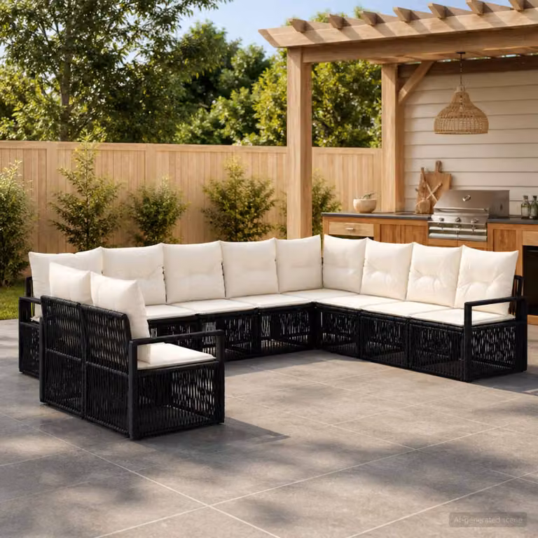 Set Divano da Giardino vidaXL 10 Pezzi a Forma di U in Polyrattan Nero con Cuscini Imbottiti e Struttura in Acciaio