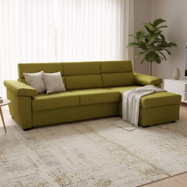 Divano Letto Tolle DMORA con Penisola Sfoderabile, Made in Italy, Verde, L/P: 285 x 160 cm