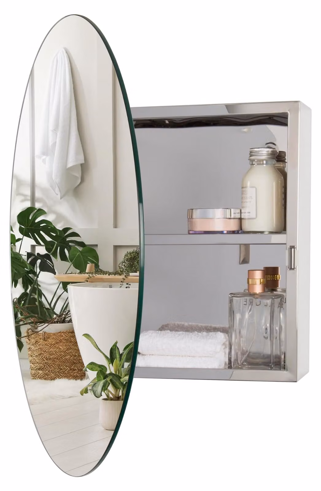 Mobiletto da bagno con specchio rotondo, in acciaio inossidabile, dimensioni 50x35x16 cm